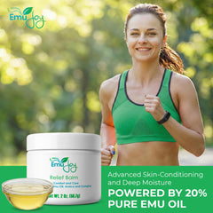 Close-up of Emu Joy Relief Balm texture, highlighting fast-absorption.