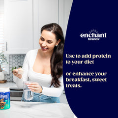 Enchant Organic Protein Powder container with lid close-up conveys premium quality and North American sourcing.