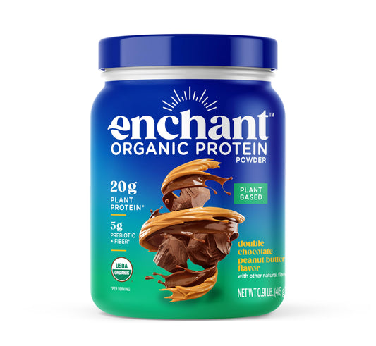 Enchant Organic Protein Powder container showing chocolate peanut butter flavor for a rich vegan shake.