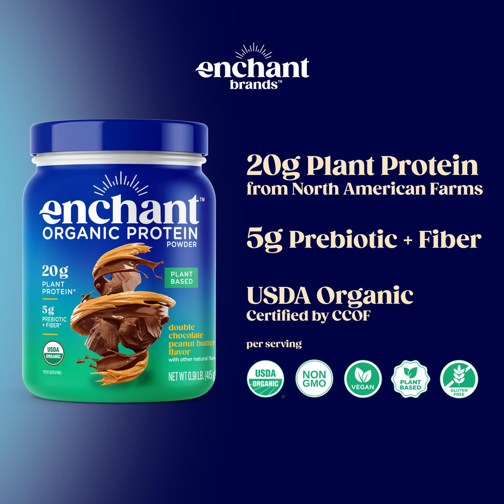 Enchant Organic Protein Powder pour demonstrates smooth mixability for quick, dairy-free chocolate peanut butter shakes.
