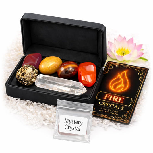 Enchanted Lion Fire Crystal Set packaging in a premium keepsake box for organized travel and home.