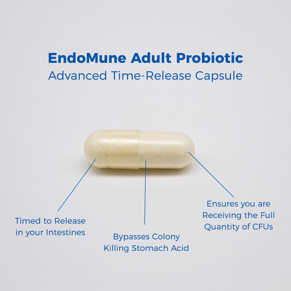 Endomune delayed-release capsules designed for targeted gut delivery.