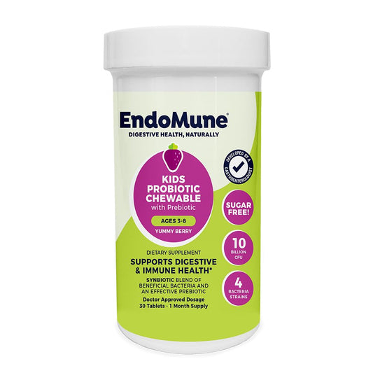 Endomune Jr Advanced bottle with strawberry chews supports kid-friendly digestion.