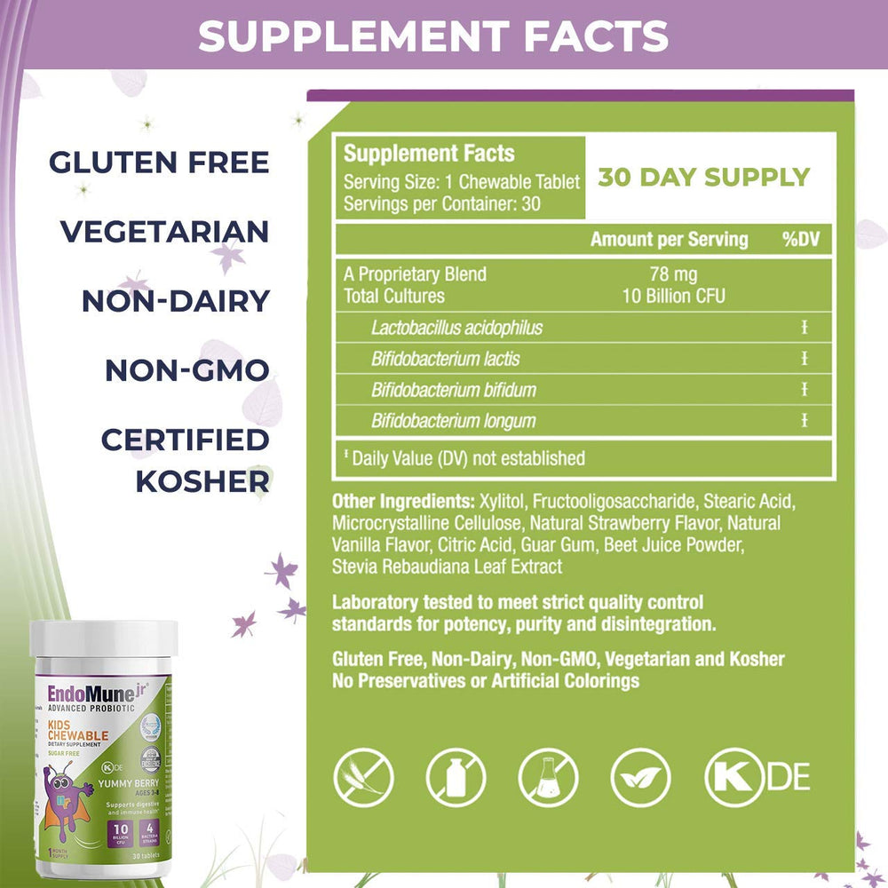 Endomune Jr Advanced FOS prebiotic image signals gut-friendly support.
