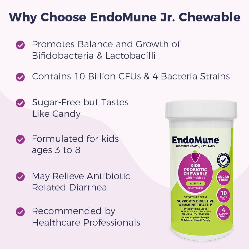 Endomune Jr Advanced tablets close-up highlighting 10B CFU for digestion support.