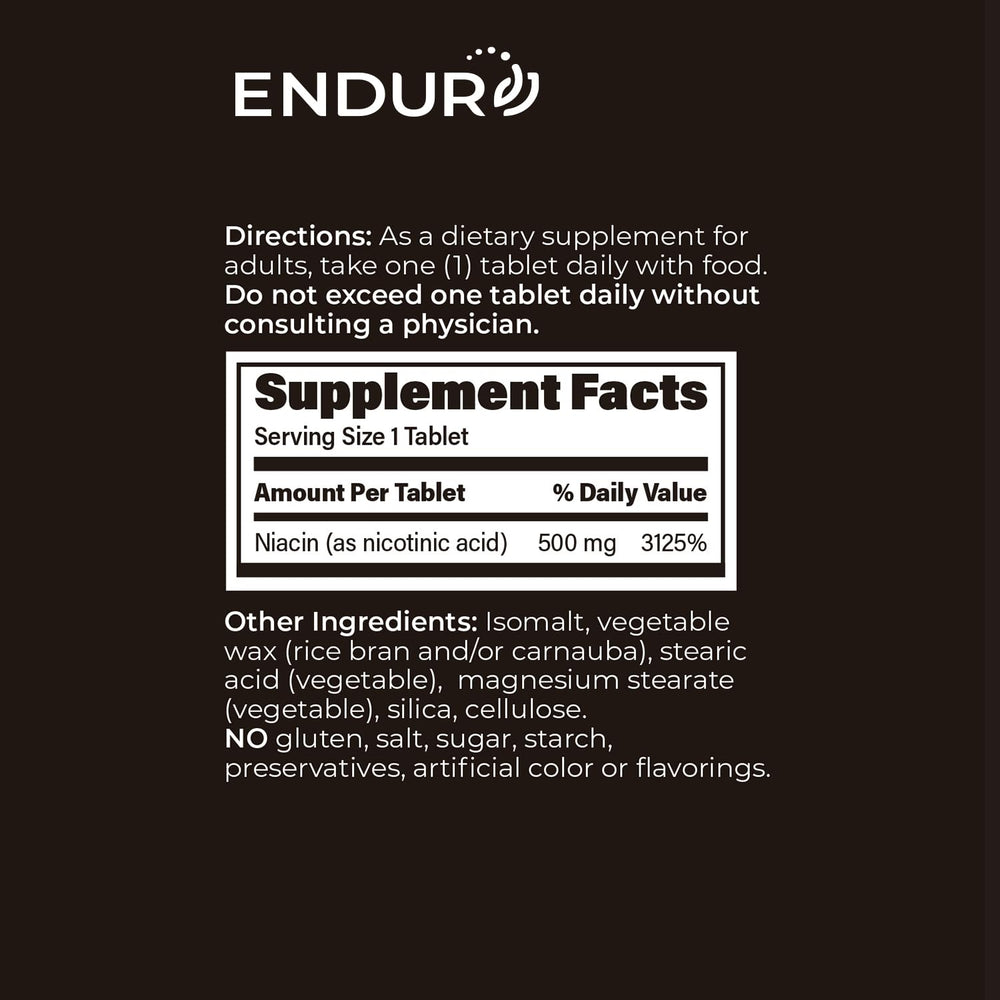 Endurance Products Endur Plain Niacin bottle cap-count indicating daily dose.