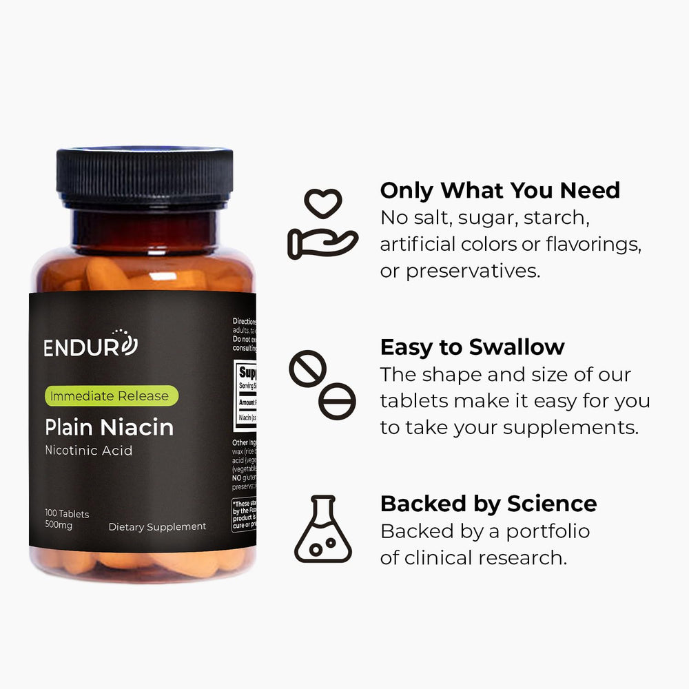 Endurance Products Endur Plain Niacin vegan-safe emblem signals vegetarian-friendly supplement.