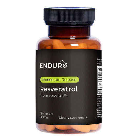 Endur Resveratrol bottle front shows daily cardiovascular support.