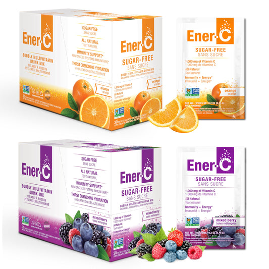 Ener-C orange packet ready to mix for zero-sugar hydration.