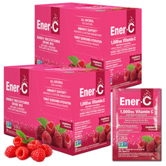 Ener-C raspberry multivitamin packet close-up for daily hydration.