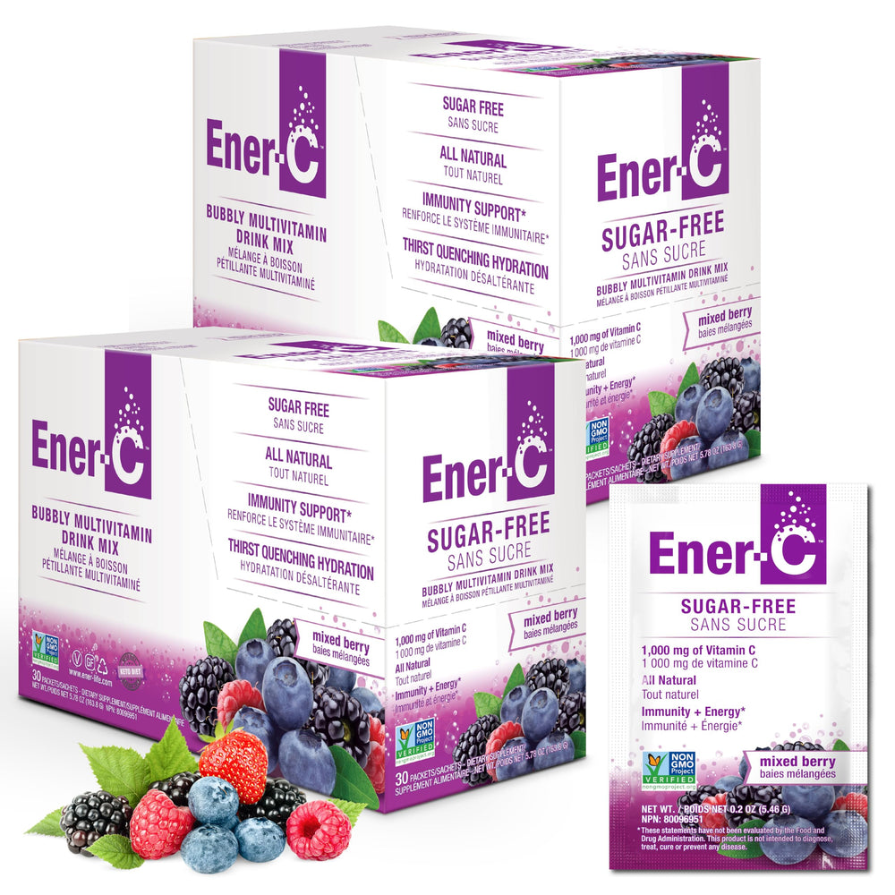 Ener-C Sugar Free multivitamin drink mix bottle pour demonstrates on-the-go hydration and immune-supporting vitamin C.