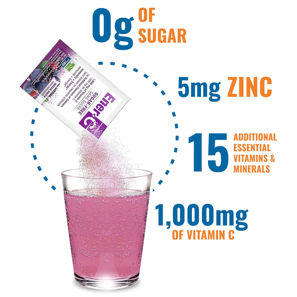 Ener-C sugar-free multivitamin drink mix dissolving powder in water shows clear effervescence for a tasty lift.