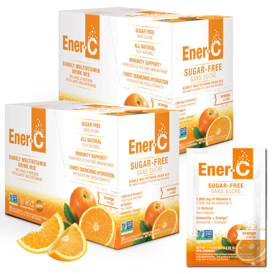 Ener-C sugar-free multivitamin drink pack orange dissolving in water for hydration.