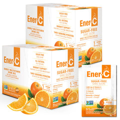Ener-C sugar-free multivitamin drink pack orange dissolving in water for hydration.