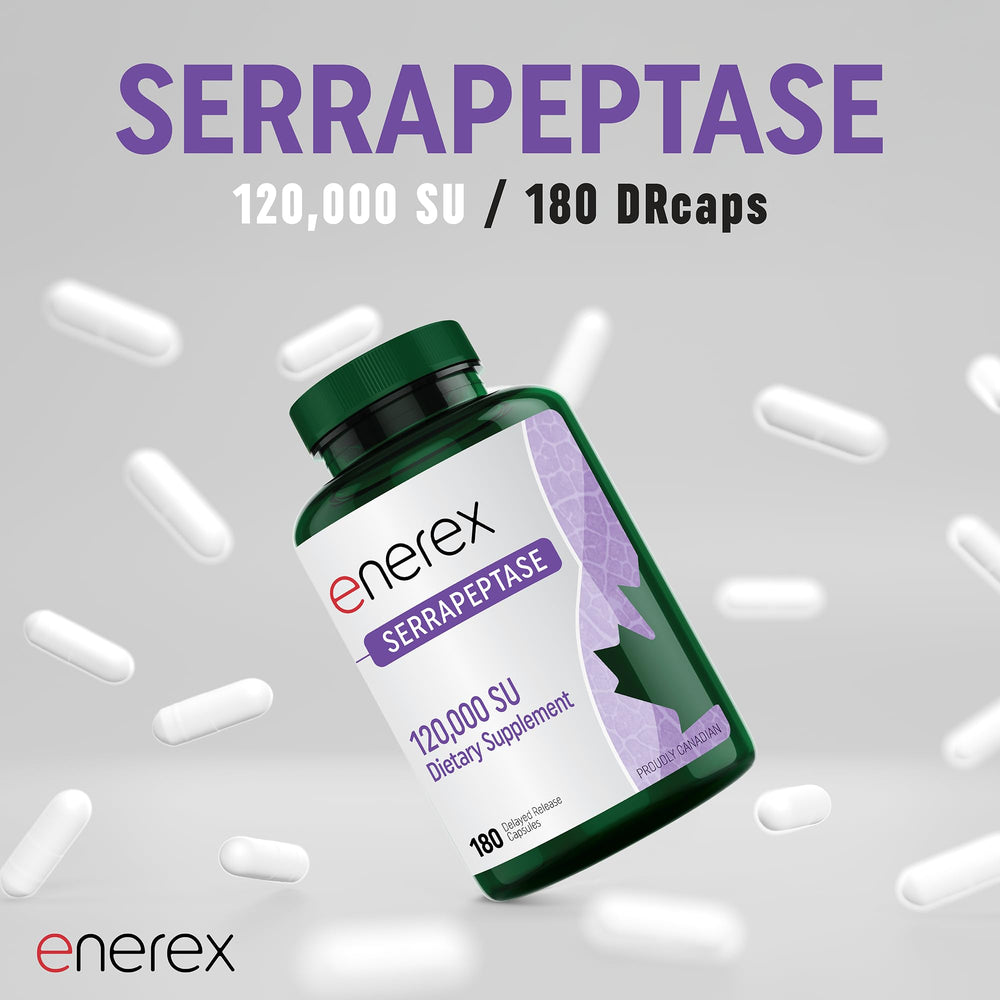 Enerex serrapeptase 180 veggie capsules signals a long-lasting six-month supply.