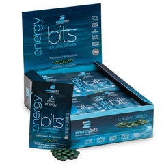 ENERGYBITS spirulina tablets bottle showcases convenient, plant-based energy for daily focus.