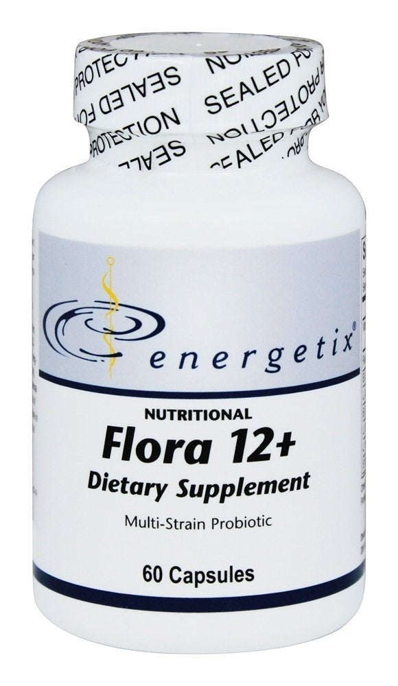 Energetix Flora 12+ bottle shows capsules for daily wellness support.