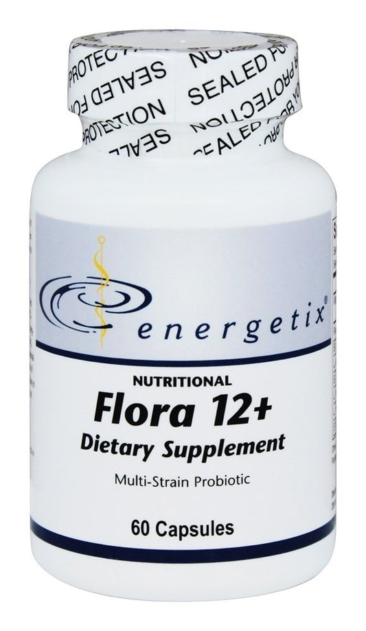 Energetix Flora 12+ bottle shows capsules for daily wellness support.