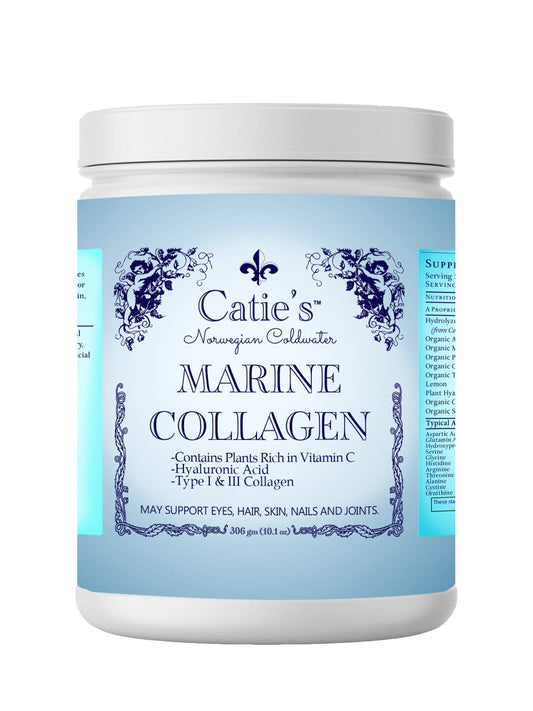 Energy Essentials Catie's Marine Collagen bottle on counter supporting easy daily use for joint and skin health