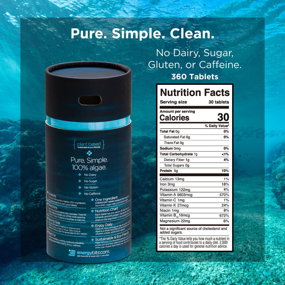 EnergyBITS spirulina tablet emphasizing high protein and vitamin content.
