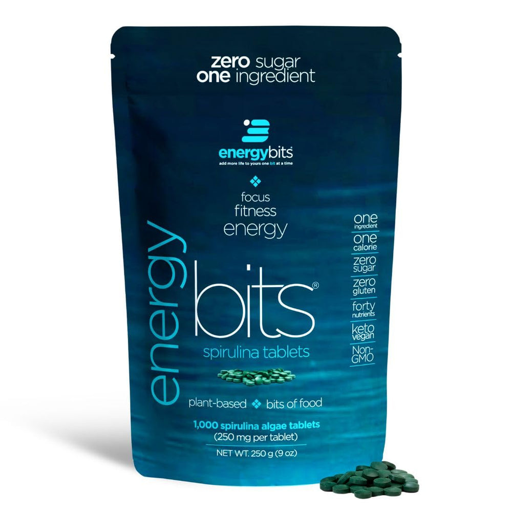 ENERGYBITS spirulina tablets packaging highlights convenient plant-based energy for busy days.