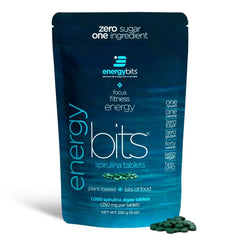 ENERGYBITS spirulina tablets packaging highlights convenient plant-based energy for busy days.