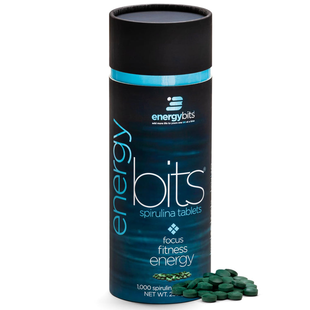 ENERGYBITS spirulina tablets canister front showing vegan, gluten-free energy support.