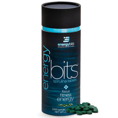ENERGYBITS spirulina tablets canister front showing vegan, gluten-free energy support.