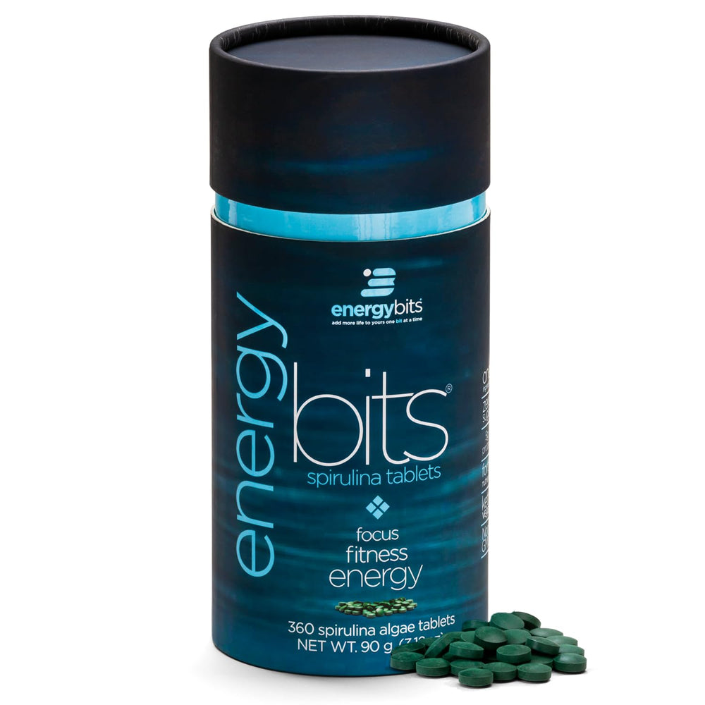 EnergyBITS spirulina tablets close-up for quick focus and sustained energy.