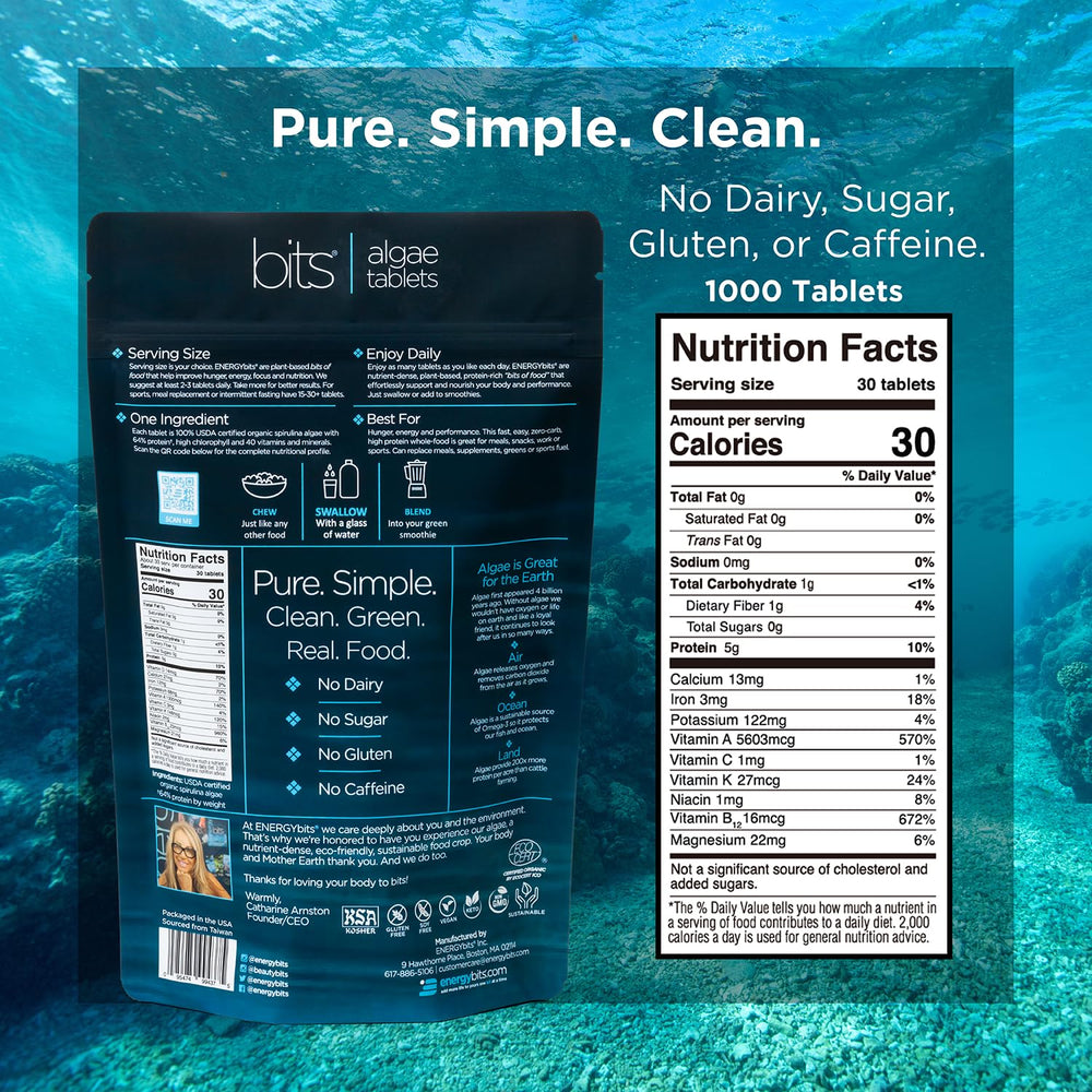 ENERGYBITS spirulina tablets closeup highlights protein and nutrient density.