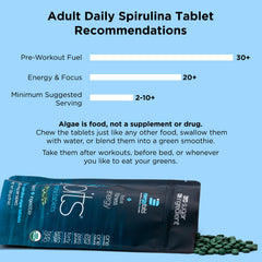 ENERGYBITS spirulina nutrition panel illustrating protein and vitamin content.