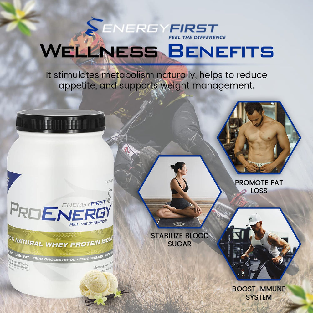 EnergyFirst Vanilla Whey Protein serving showcases sustainable grass-pasture protein.