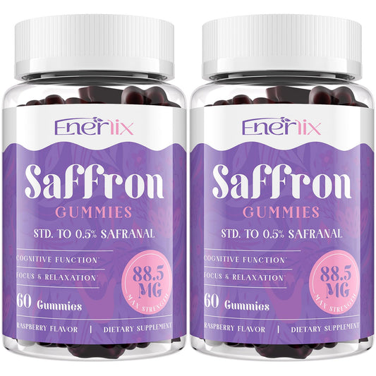 Enerlix Saffron Gummies bottle close-up highlighting high-potency saffron for mood support