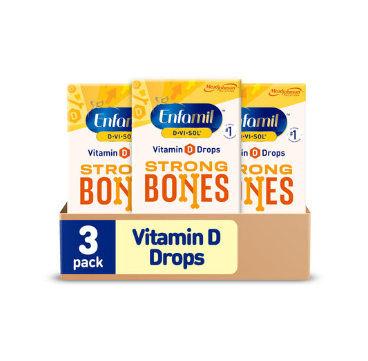 Enfamil D-Vi-Sol baby drops in a bottle, supporting daily vitamin D for infants.