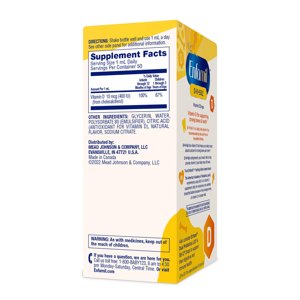 Three-pack Enfamil D-Vi-Sol bottles for ongoing infant vitamin D support.