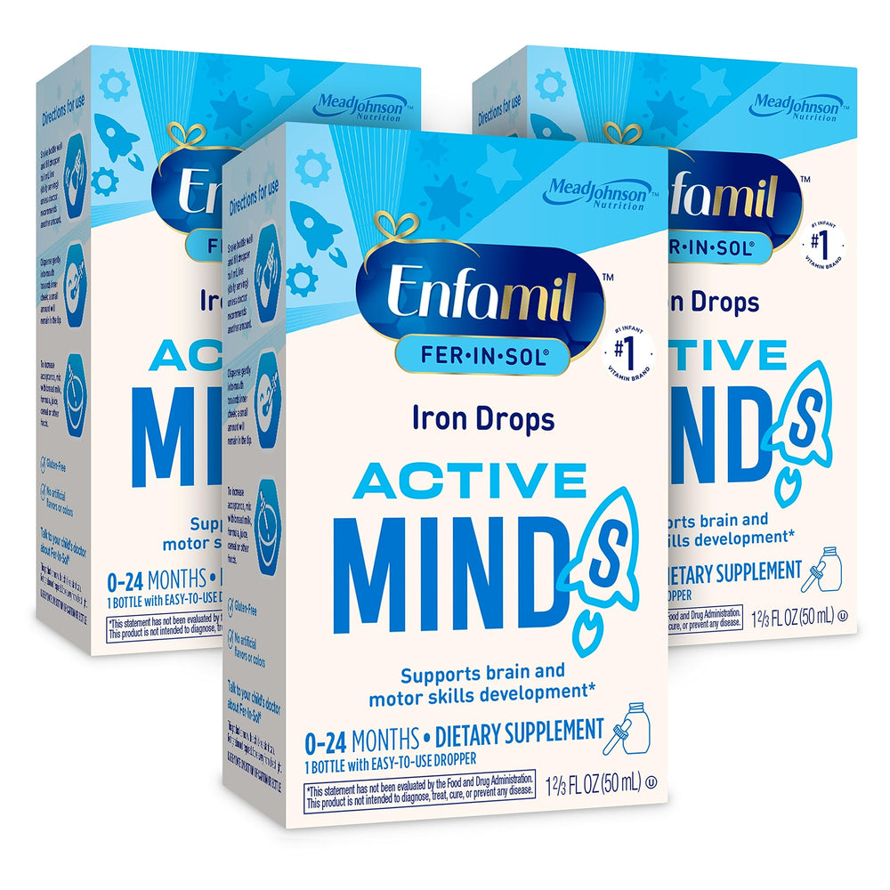 Enfamil Fer-in-Sol iron drops in a dropper bottle for easy supplementing with feeds.