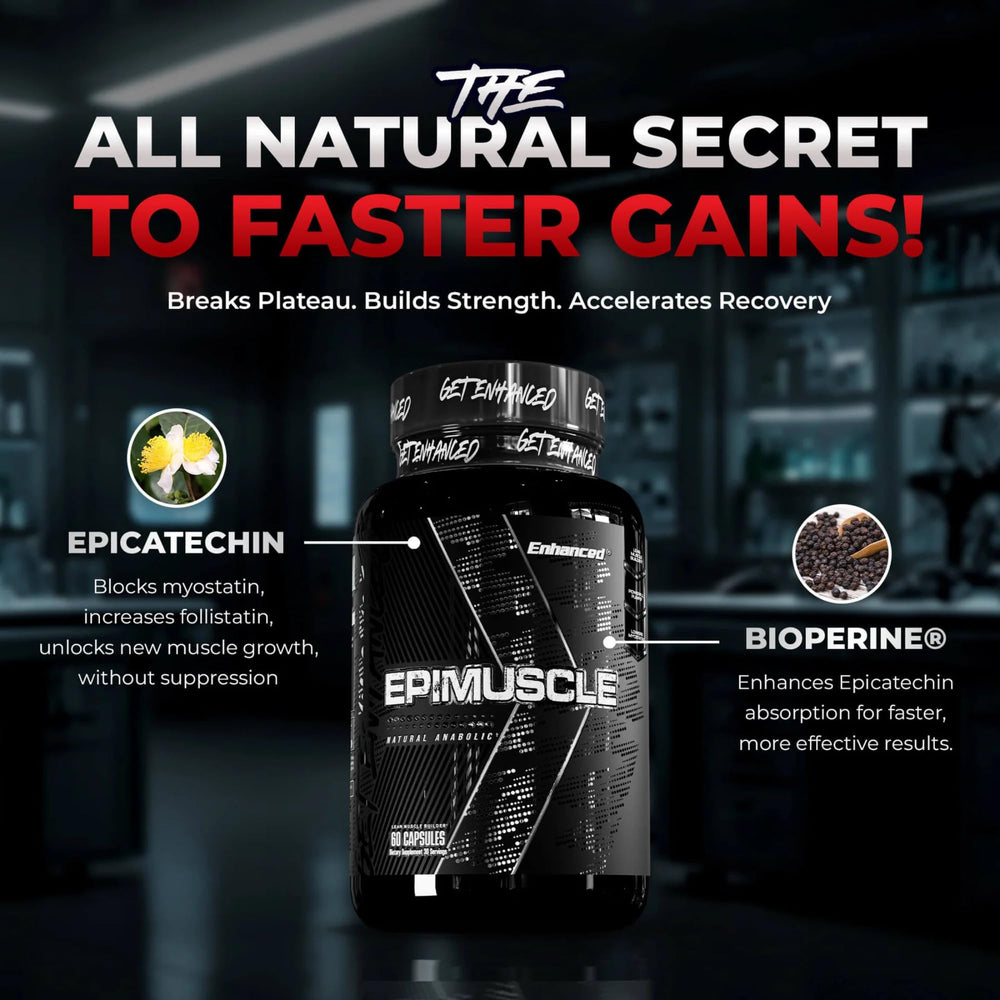 Enhanced Epimuscle capsules closeup highlights easy-to-swallow format for workouts