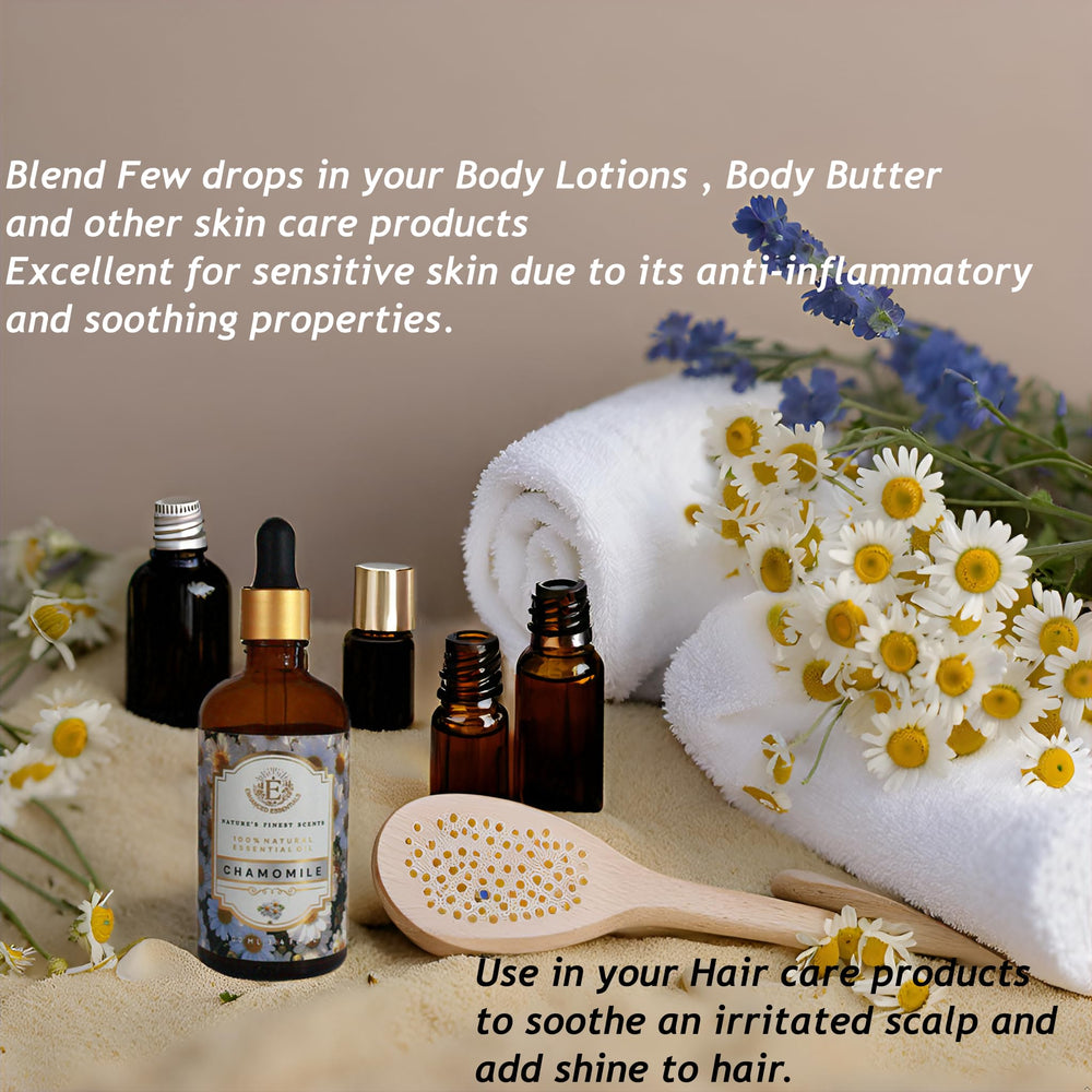 Bath-time chamomile oil provides spa-like relaxation during a soak.