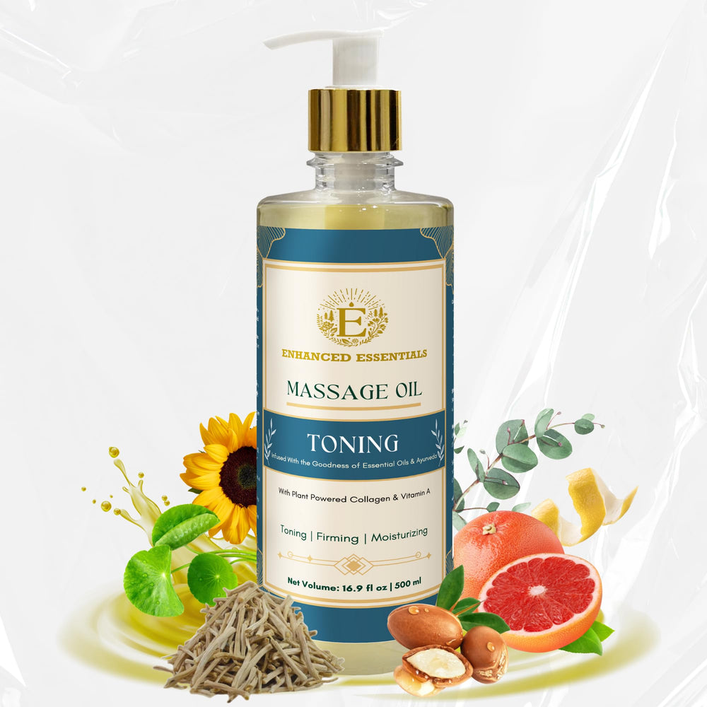 Enhanced Essentials Toning Oil bottle pour showing fast-absorbing formula