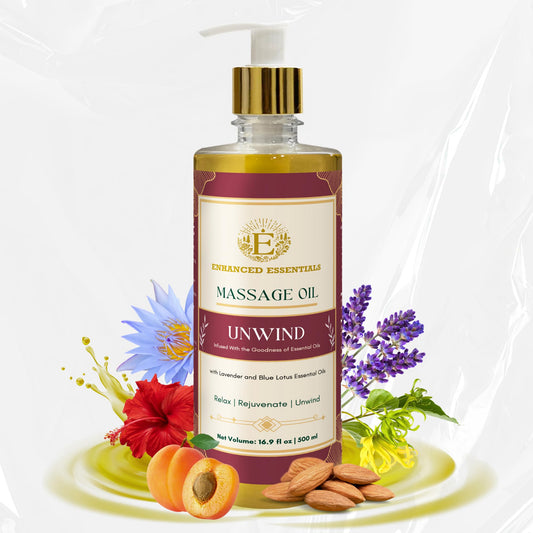 Enhanced Essentials Unwind oil bottle with a smooth pour for easy application.