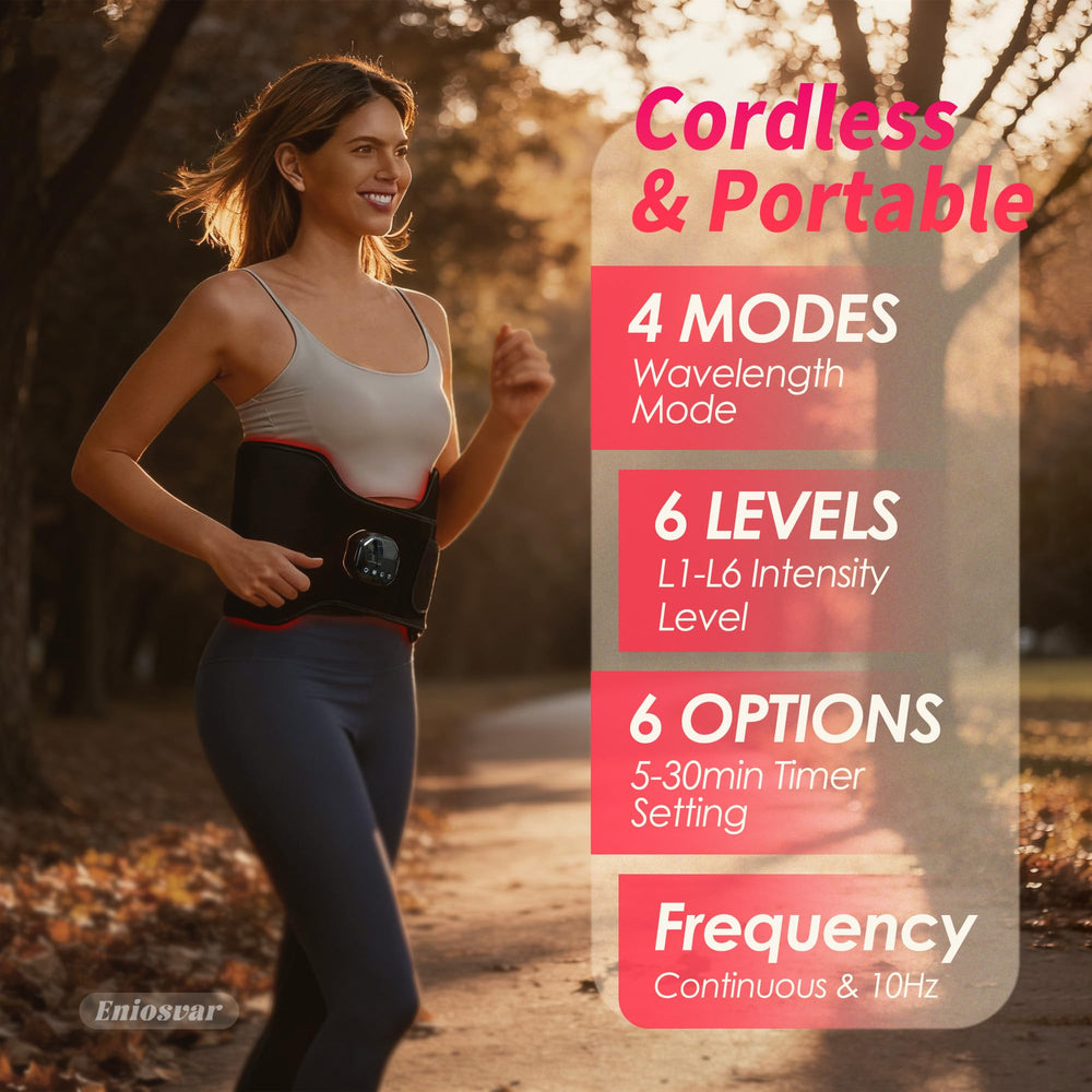 Eniosvar Red Light Therapy Belt battery compartment highlights long-lasting power for daily sessions.