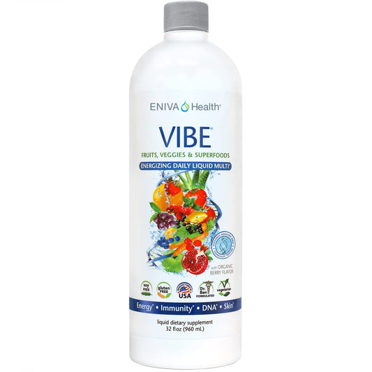 Eniva Health Vibe liquid multivitamin bottle on table with berry flavor for daily nourishment.