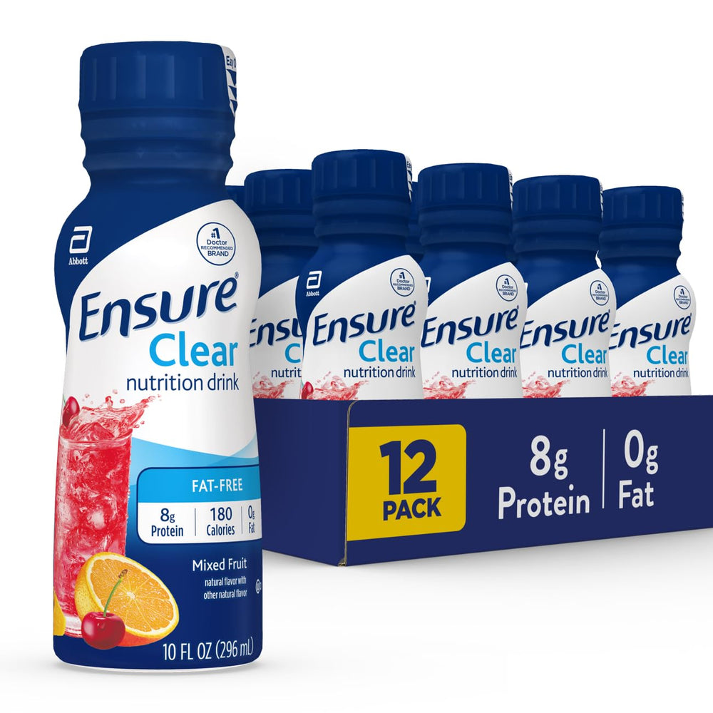 Ensure Clear Blueberry Pomegranate bottle shows fat-free nutrition for on-the-go refreshment