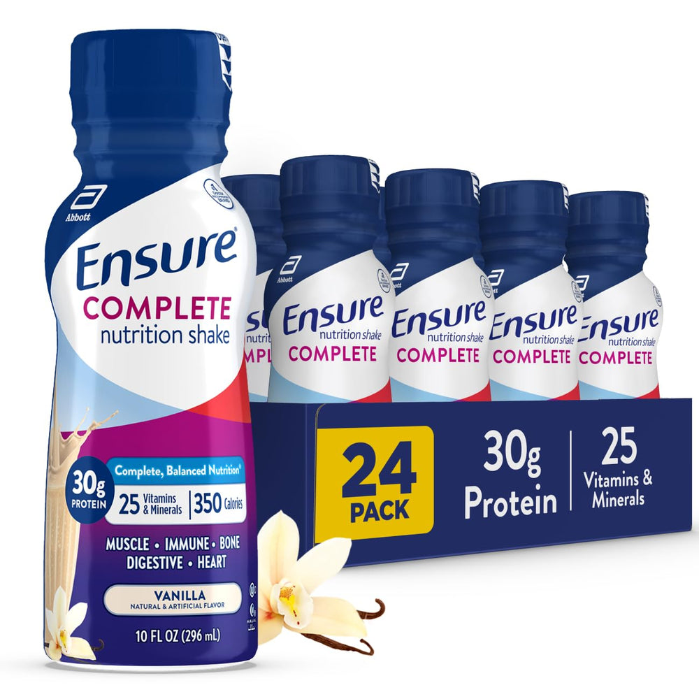 Ensure COMPLETE Vanilla nutrition shake bottle shows 30g protein per serving for muscle health