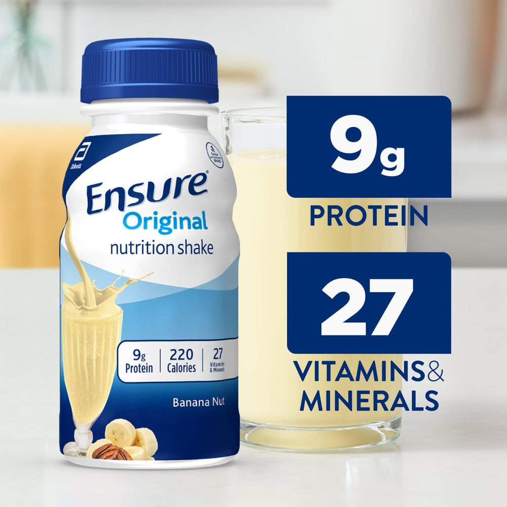 Pouring Ensure Banana Nut shake into a glass for a quick meal replacement