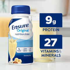 Pouring Ensure Banana Nut shake into a glass for a quick meal replacement