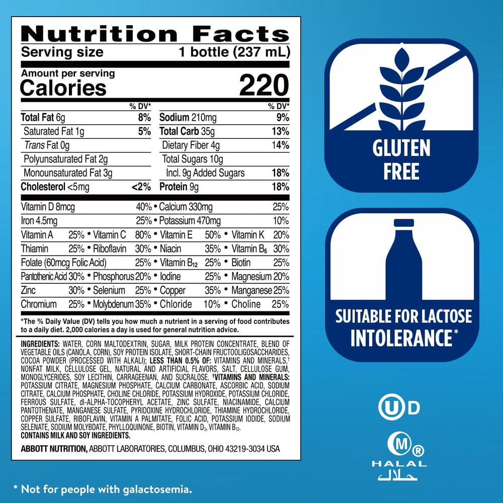Ensure Original milk chocolate 8 oz bottle front in a 24-pack displays convenient nutrition.