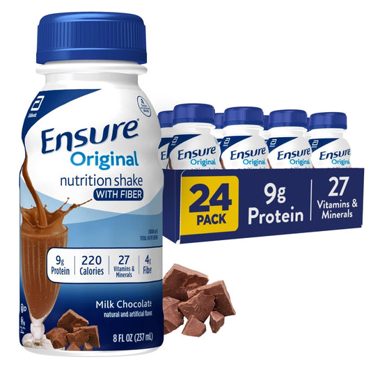 Ensure Original Milk Chocolate shake pour for convenient, balanced nutrition.