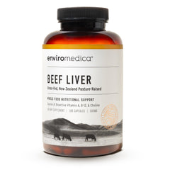 EnviroMedica grass-fed beef liver capsules bottle shows natural energy support.
