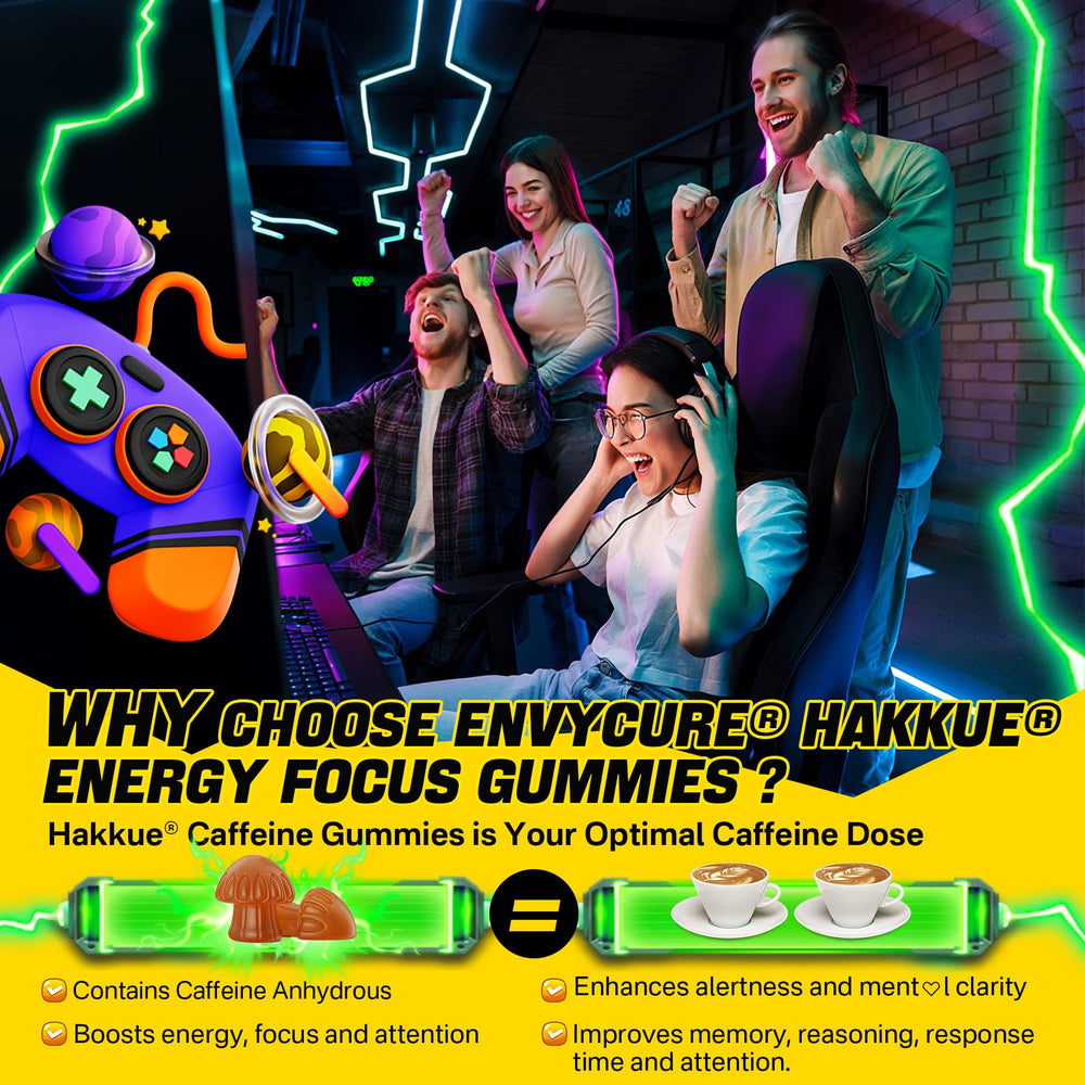 EnvyCure Energy Focus Gummies bottle label emphasizes 70 mg caffeine per serving.